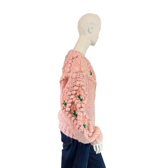 CHICWISH Stitch Floral Diamond Pom-Pom Sweater in Pink Handmade $109 Size M - Picture 9 of 9